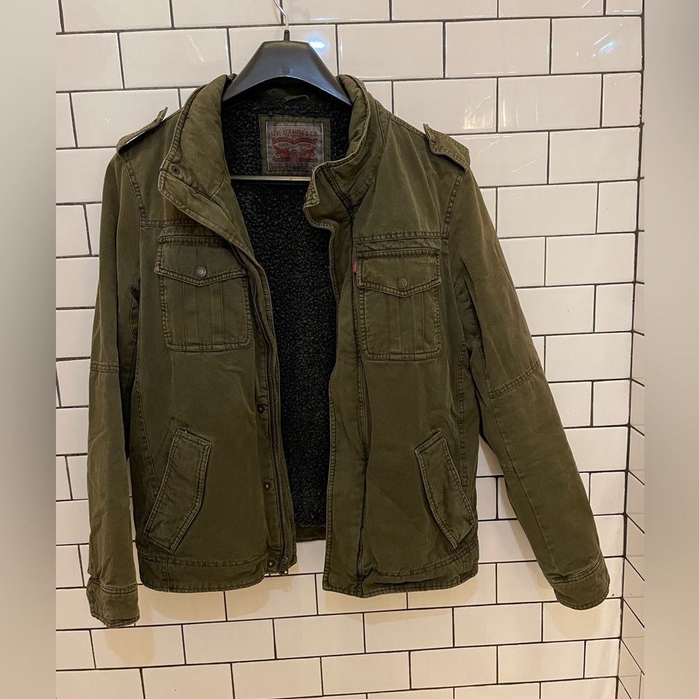 Levi's Mens Cotton Hoody Sherpa Trucker Jacket. Medium. Olive.